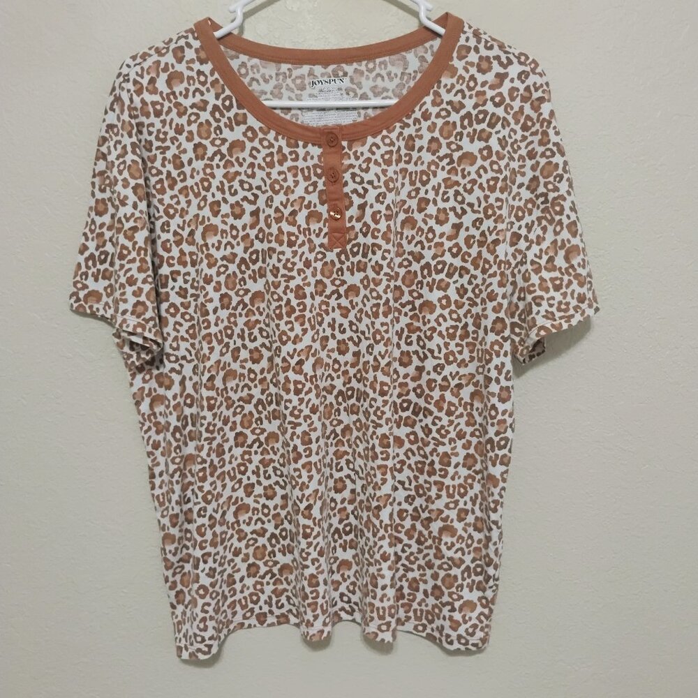 Joyspun Leopard Print Henley Tee Casual Animal Print Top L